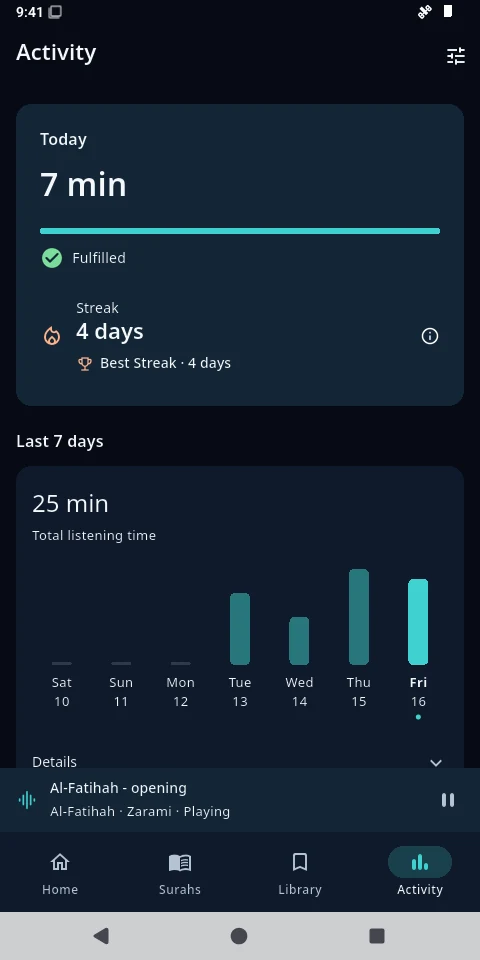 Activity screen with demonstration listening time, daily goal and listening streak.