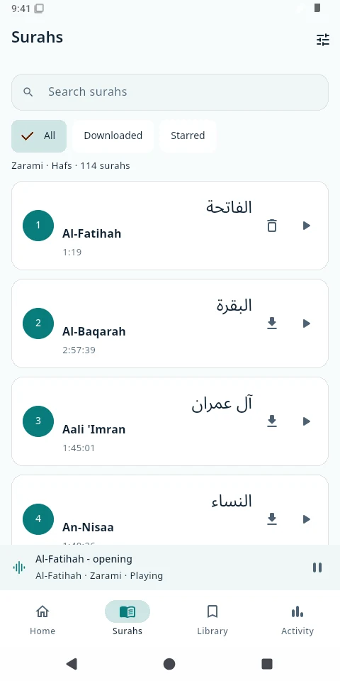 Light Surahs catalogue, with Al-Fatihah downloaded and other recordings ready to download.