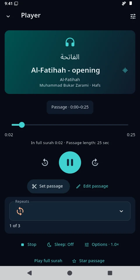 Released Android player repeating a saved Al-Fatihah passage, with repeat and speed controls.